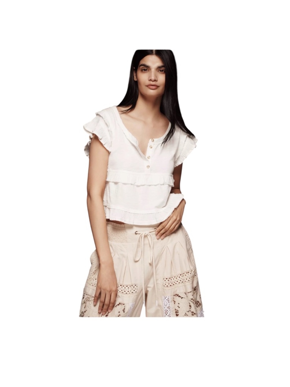 Pilcro Anthropologie Short Sleeve Ruffle Trim Henley Baby Tee Size XL Beach FLAW